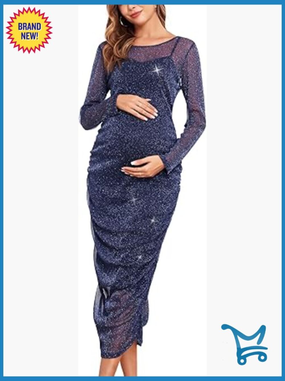 Maternity Mesh Dress Ruched Side Long Sleeve Bodycon Midi Dress Two-Piece Set